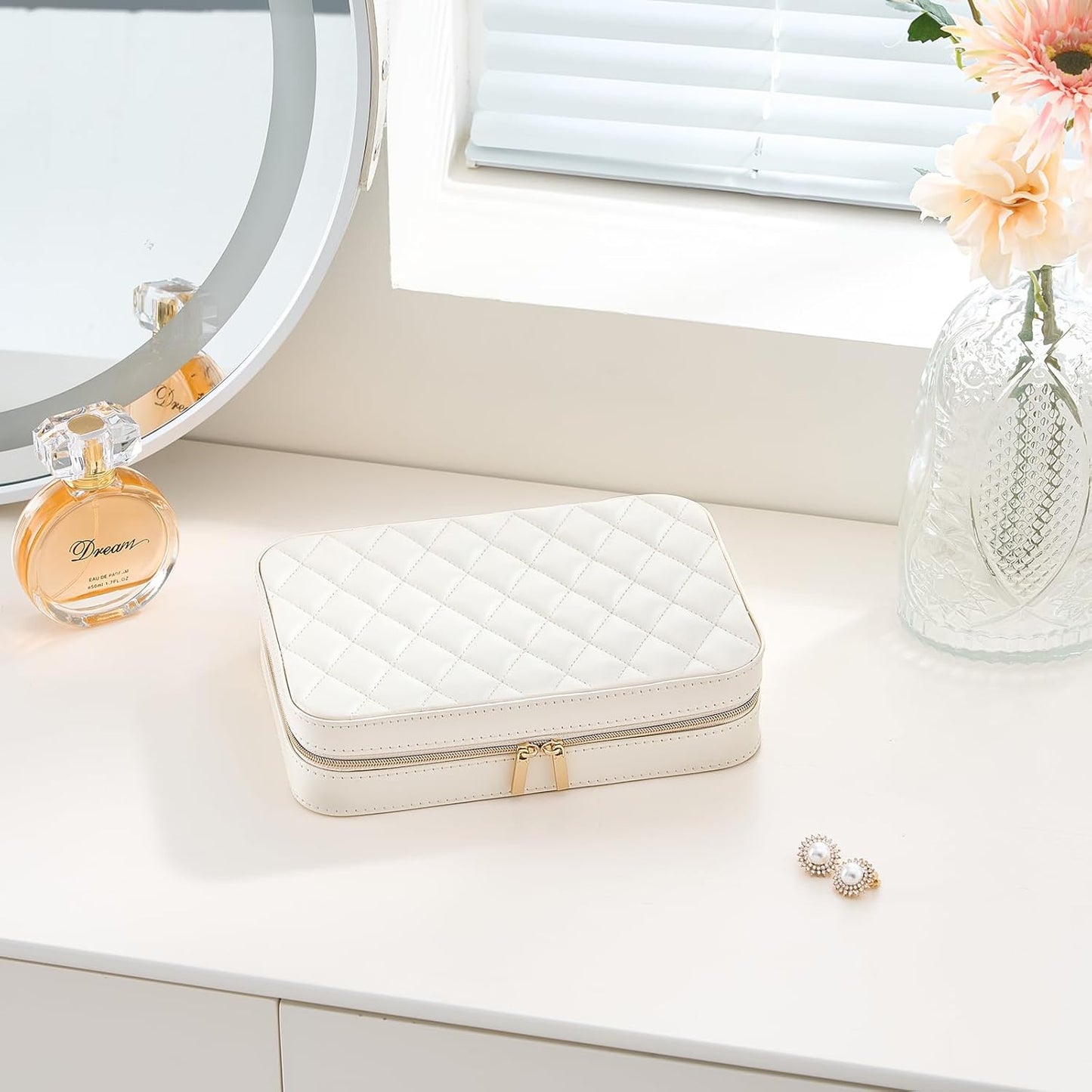 Travel Jewelry Organizer Box with Mirror & Clear Storage Bag, Small Portable Traveling Earring Necklace Bracelet Ring Case
