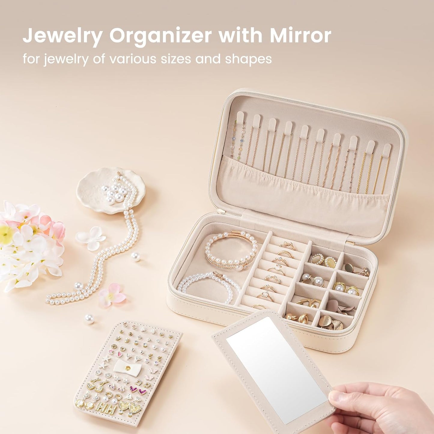 Travel Jewelry Organizer Box with Mirror & Clear Storage Bag, Small Portable Traveling Earring Necklace Bracelet Ring Case