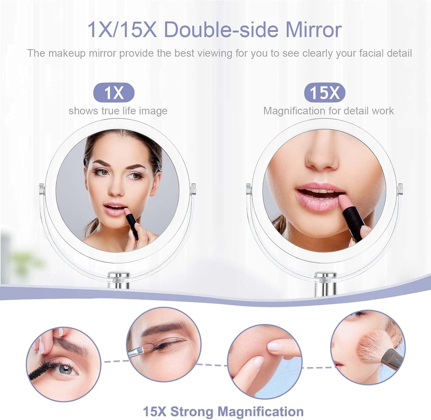 Vanity Makeup Mirror with Stand, 1X/15X Magnification Double Sided 360 Degree Swivel