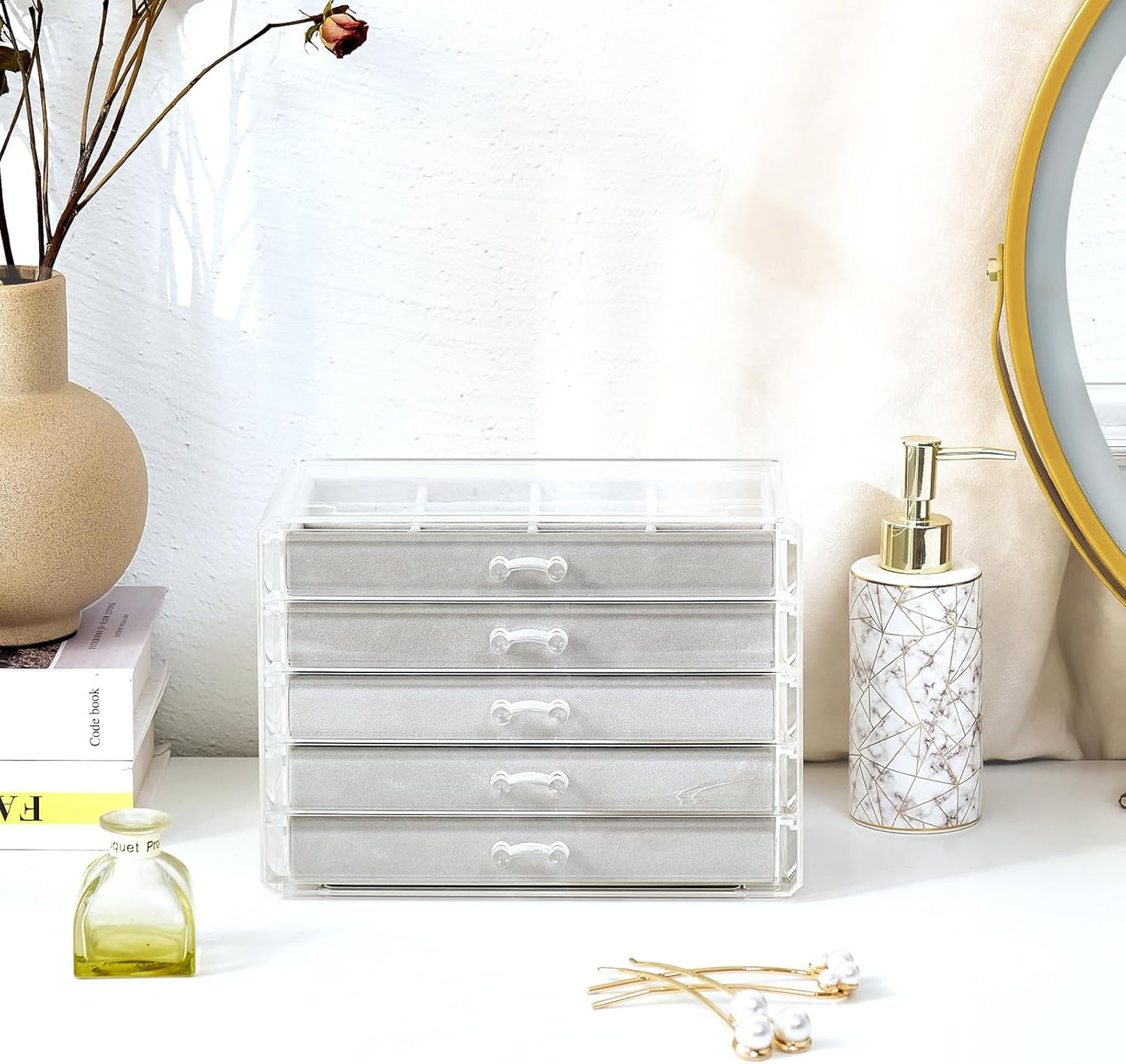 5 Layers Earring Holder Organizer Jewelry Box with 5 Drawers, Acrylic Clear Earring Case with
