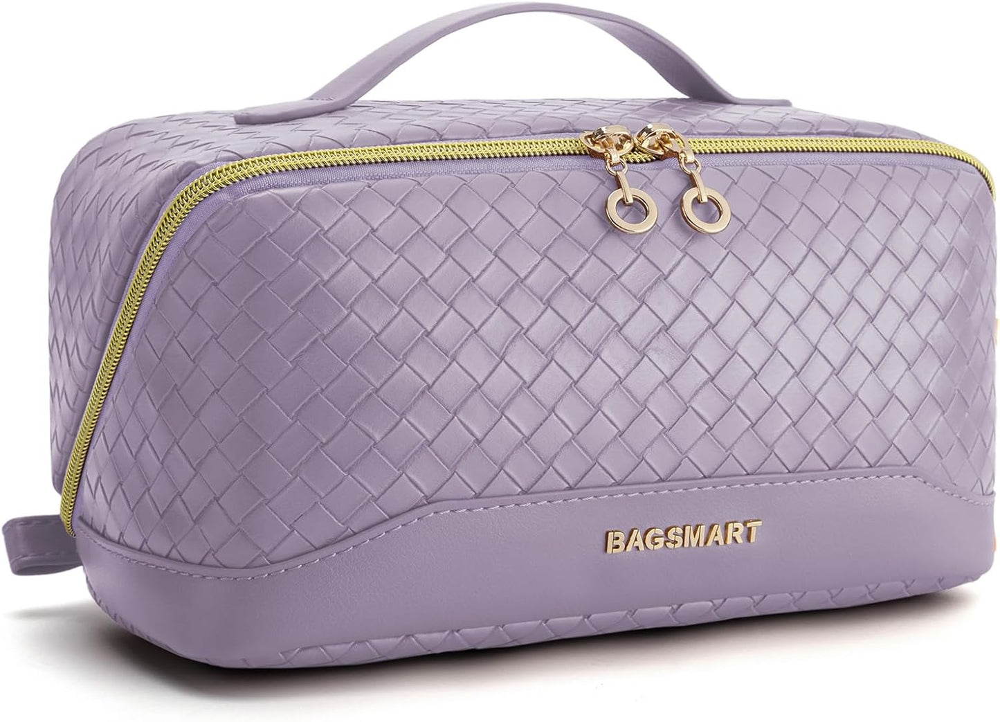 Travel Makeup Bag for Women, Portable Water-resistant Cosmetic Case, Puffy Padded Make Up Organizer Pouch, Open Flat Toiletry Bag for Toiletries, Brushes, Pink