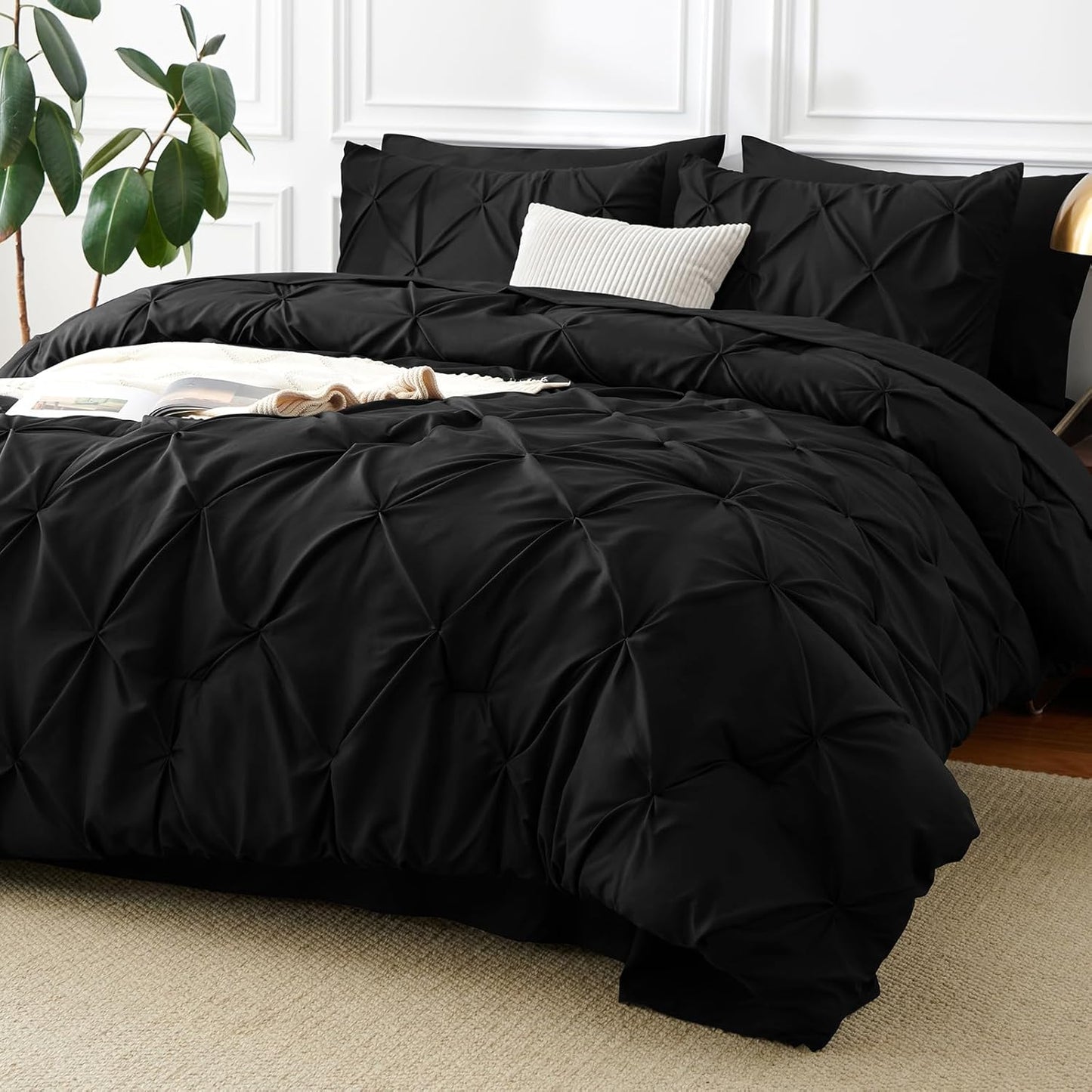 Queen Comforter Set Black, 7 count Pintuck Bed in A Bag, Premium Black Comforter Queen Size