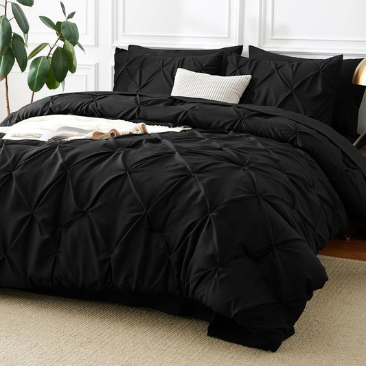Queen Comforter Set Black, 7 count Pintuck Bed in A Bag, Premium Black Comforter Queen Size