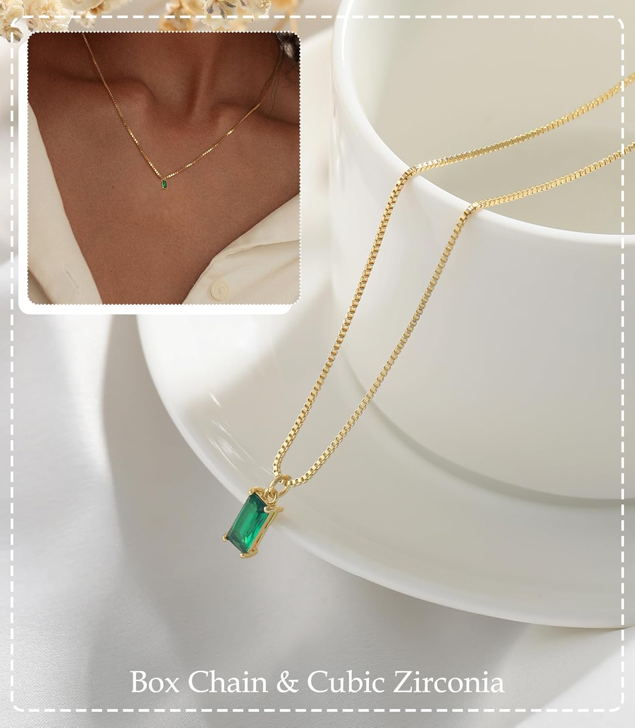 Emerald Birthstone Necklace, 14K Gold Plated Dainty Pendant for Women & Mothers, Green Cubic Zirconia Birthday Gift Jewelry