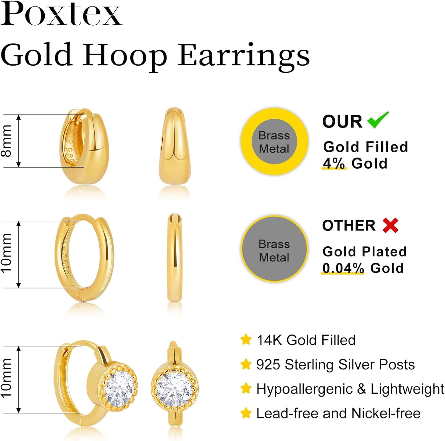 Small Sterling Silver Huggie Hoop Earrings Set for Women, 14K Gold Plated Hoops Stacks for Multiple Piercings