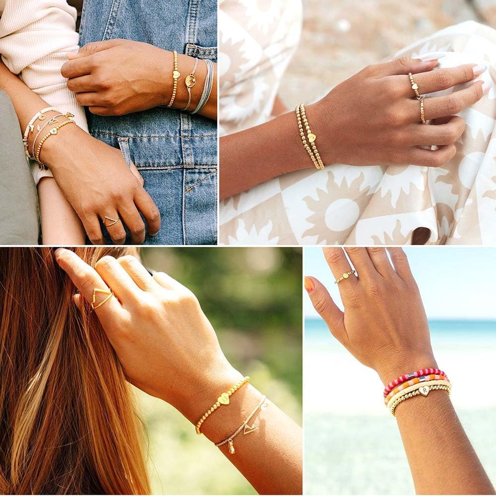 Gold Initial Beaded Bracelets for Women,14K Gold Plated Heart Letter Bracelets Handmade Ball Bead Bracelet