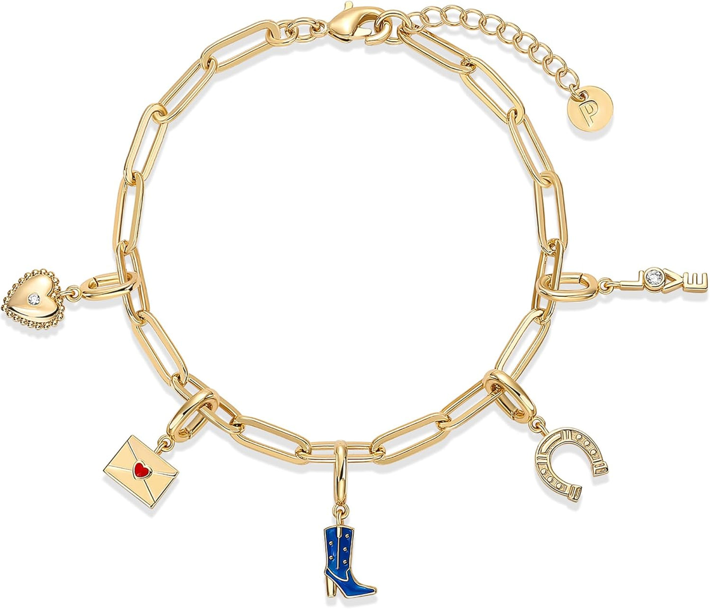 14K Gold Plated Adjustable Bracelet for Women | Twisted Bar & Paperclip Charm Chain Bracelets with Moon, Evil Eye