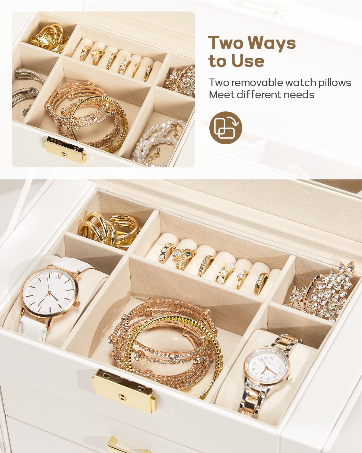 Synthetic Leather Huge Jewelry Box Mirrored Watch Organizer Necklace Ring Earring Storage Lockable