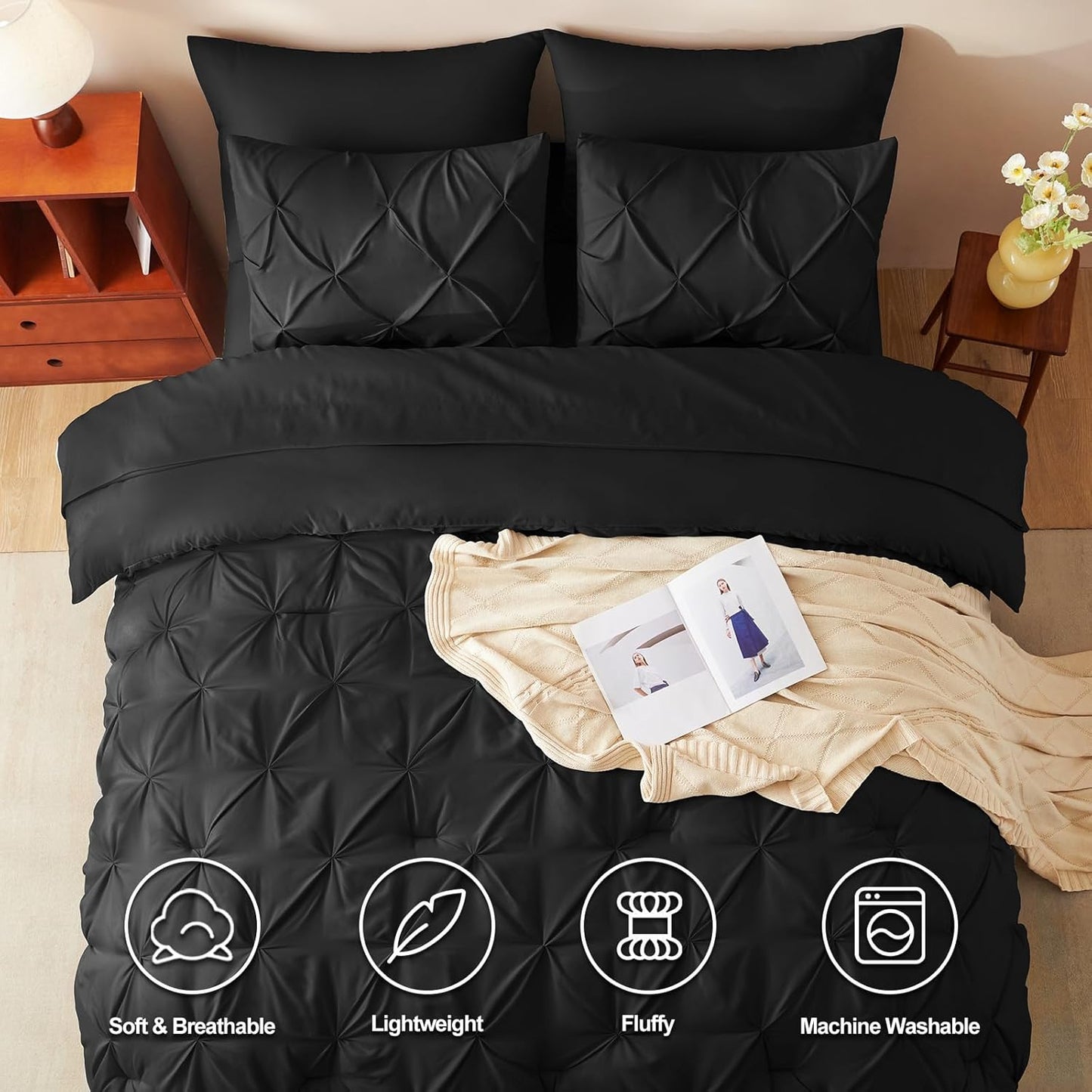 Queen Comforter Set Black, 7 count Pintuck Bed in A Bag, Premium Black Comforter Queen Size
