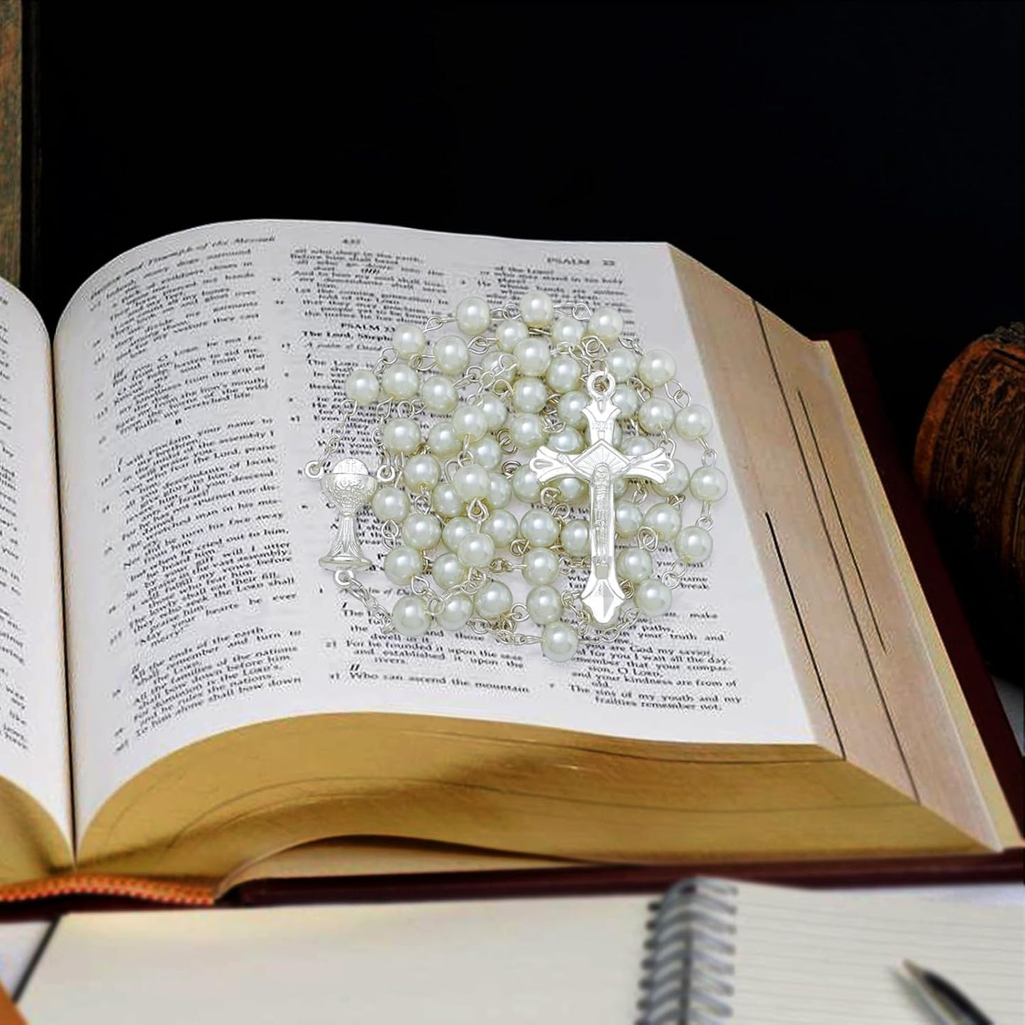 6mm Pearl Rosary Beads With Crucifix - Women's Catholic Prayer Necklace, Gift Box & Pouch Included