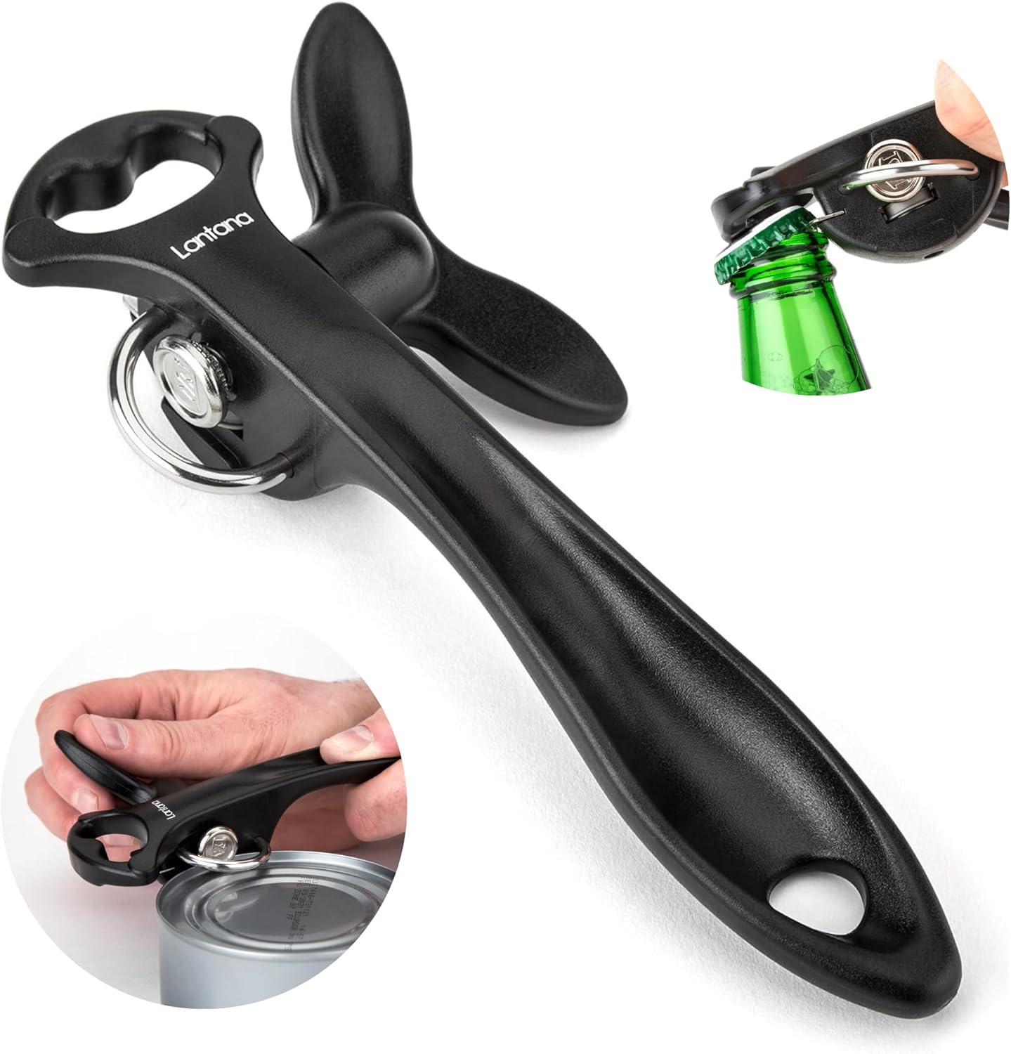 Lantana Smooth Edge Can Opener with Bottle Cap Lifter - Hand Held Manual Safety Tin Opener