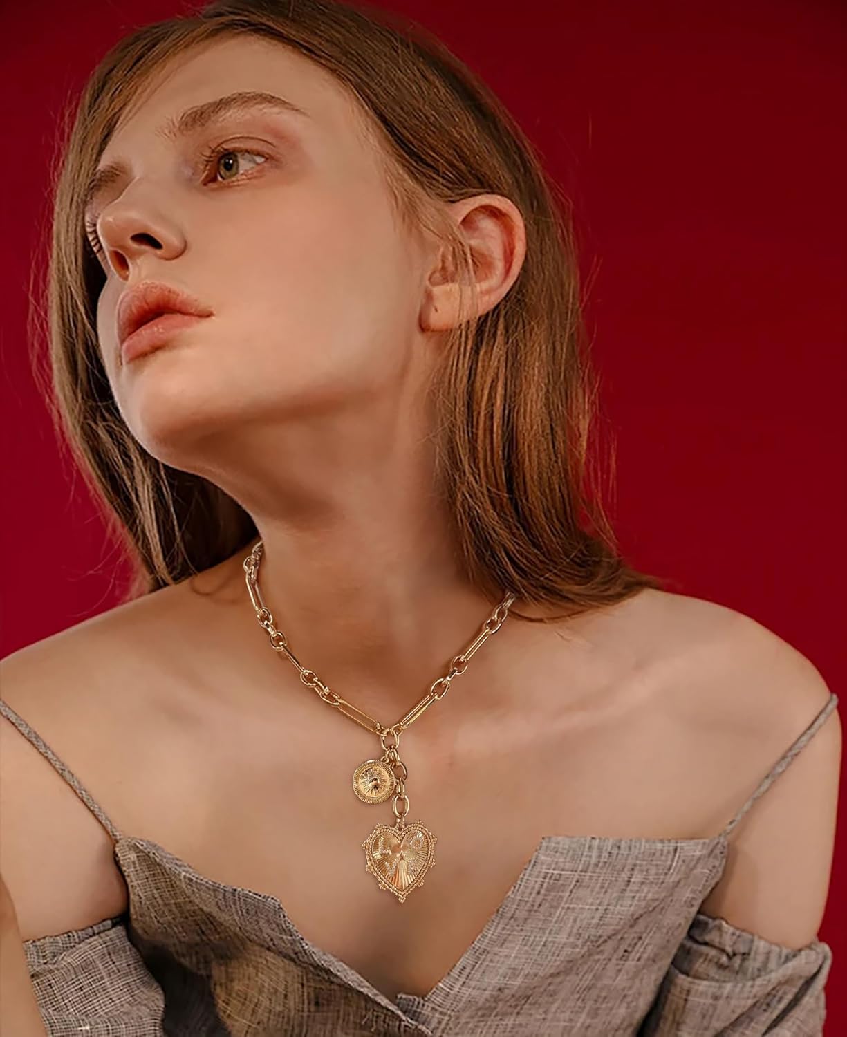 18K Gold Plated Coin Lion Head Pendant Necklace Chunky Paperclip Choker Necklace for Gifts on Birthday Holidays for Women Girls