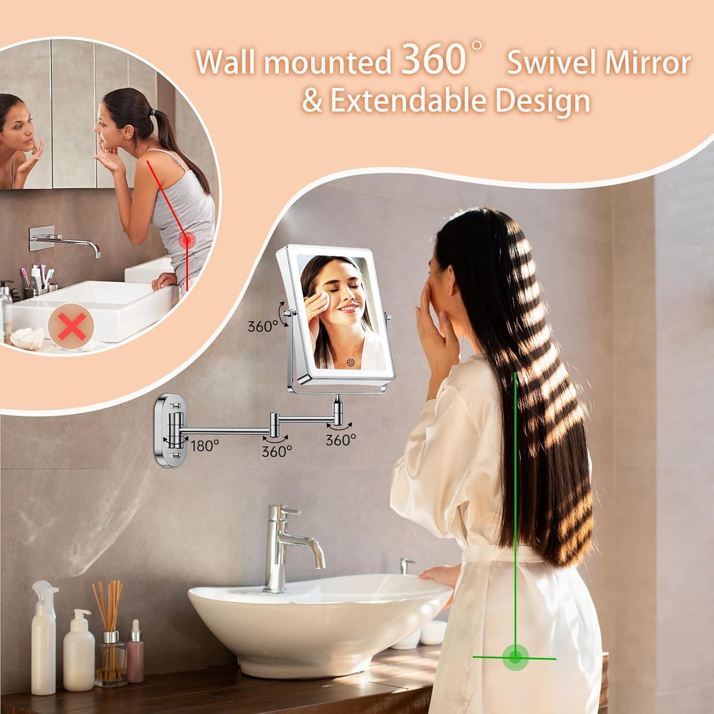 Rechargeable Wall Mounted Makeup Mirror, with Light  8.7" Double Sided Touch  1X/30X