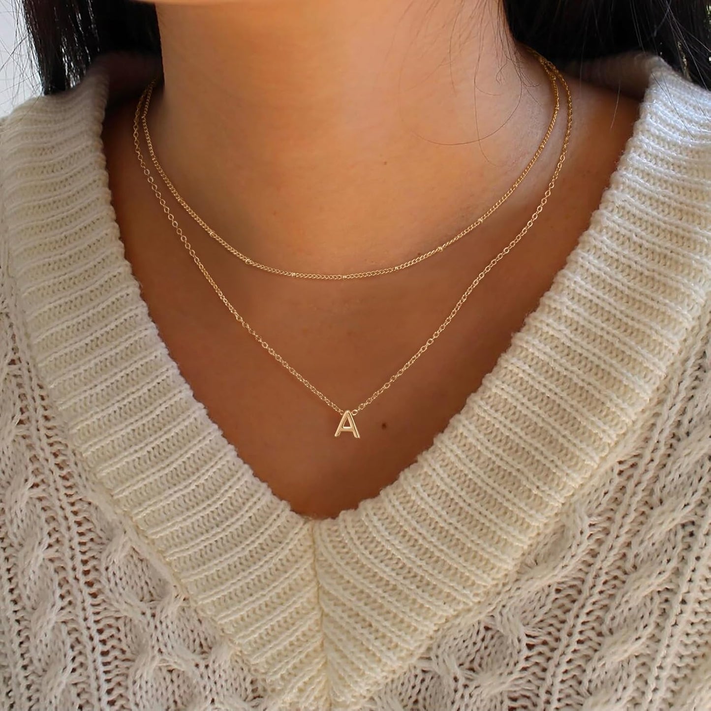 14K Gold Plated Initial Necklace, Layered A-Z Letter Pendant with Satellite Chain, Personalized Minimalist Jewelry Gift for Women