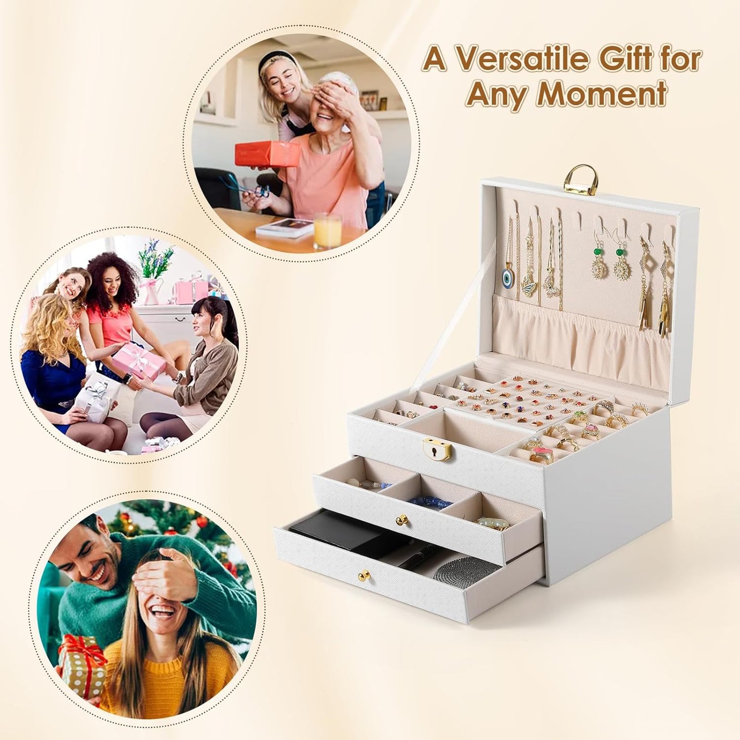 3 Layer Jewelry Box, Lockable Jewelry Holder Organizer with Jewelry Drawer