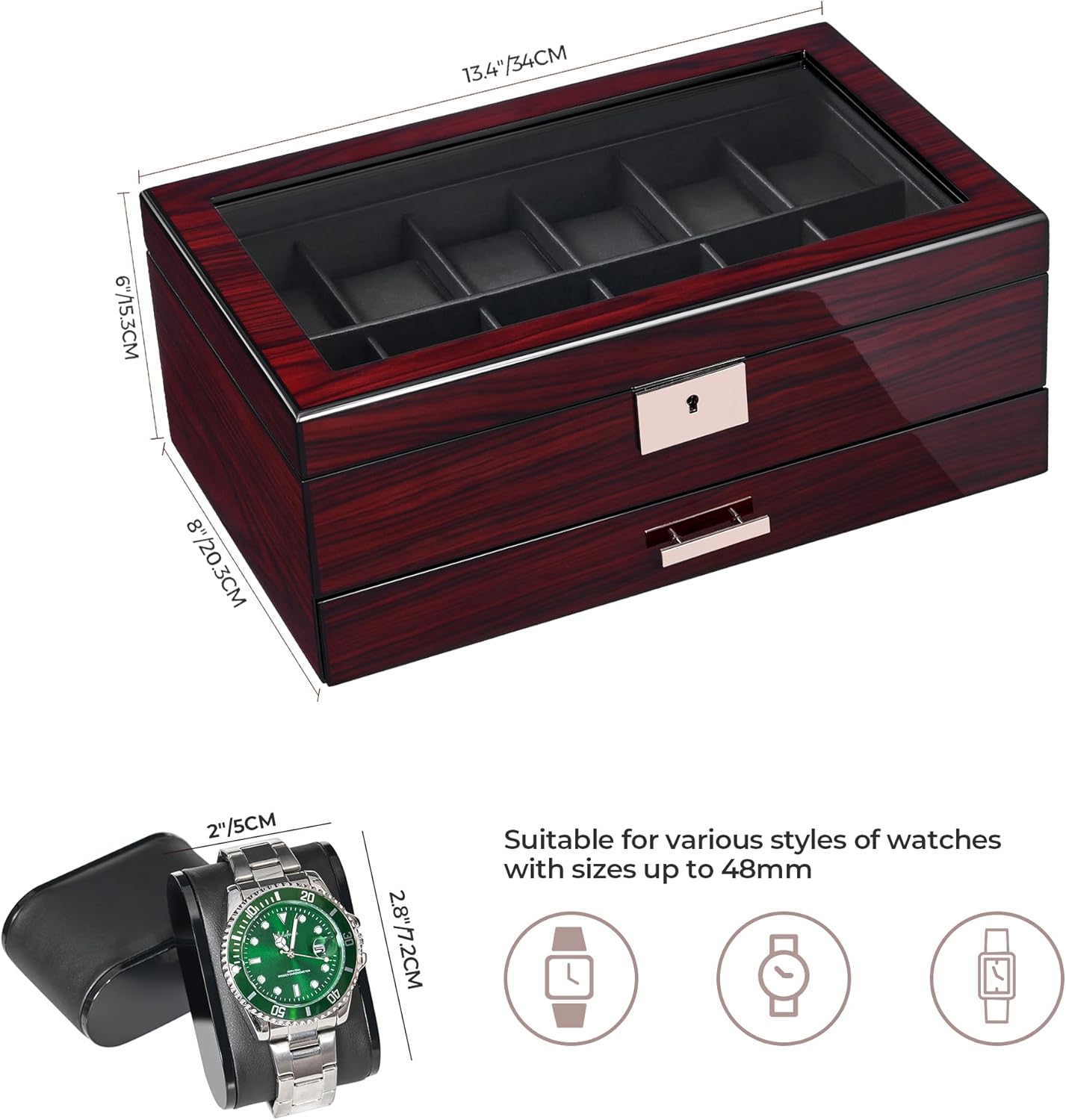 12 Slot Watch Cases for Men, Watch Box with Large Lid Jewelry Box, Watch Holder Organizer Lockable Watch
