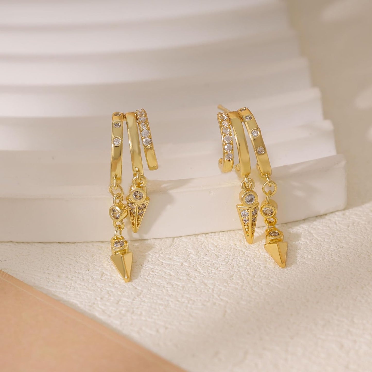 Dangle Earrings for Women,14k Gold Plated Triple Huggie Stud Earrings Cute Statement Chain Earring Dainty Drop