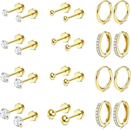 Jstyle Surgical Steel Earrings for Sensitive Ears 14K Gold Flat Back Earrings for Women Men Small Stainless Steel Earrings