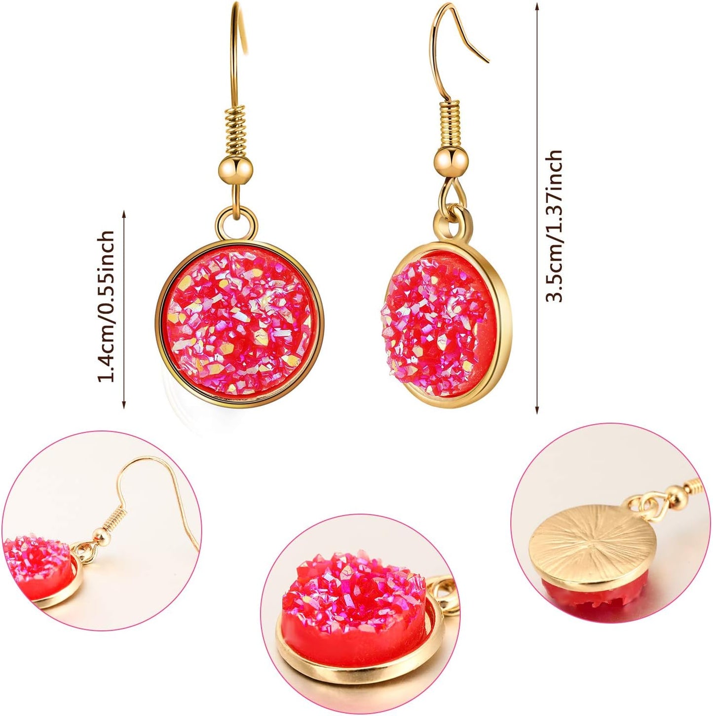 Hicarer 12 Pairs Faux Druzy Drop Earrings Crystal Pendant Dangle Multicolor Stainless Steel Earrings for Women