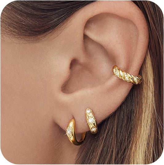 Small Sterling Silver Huggie Hoop Earrings Set for Women, 14K Gold Plated Hoops Stacks for Multiple Piercings