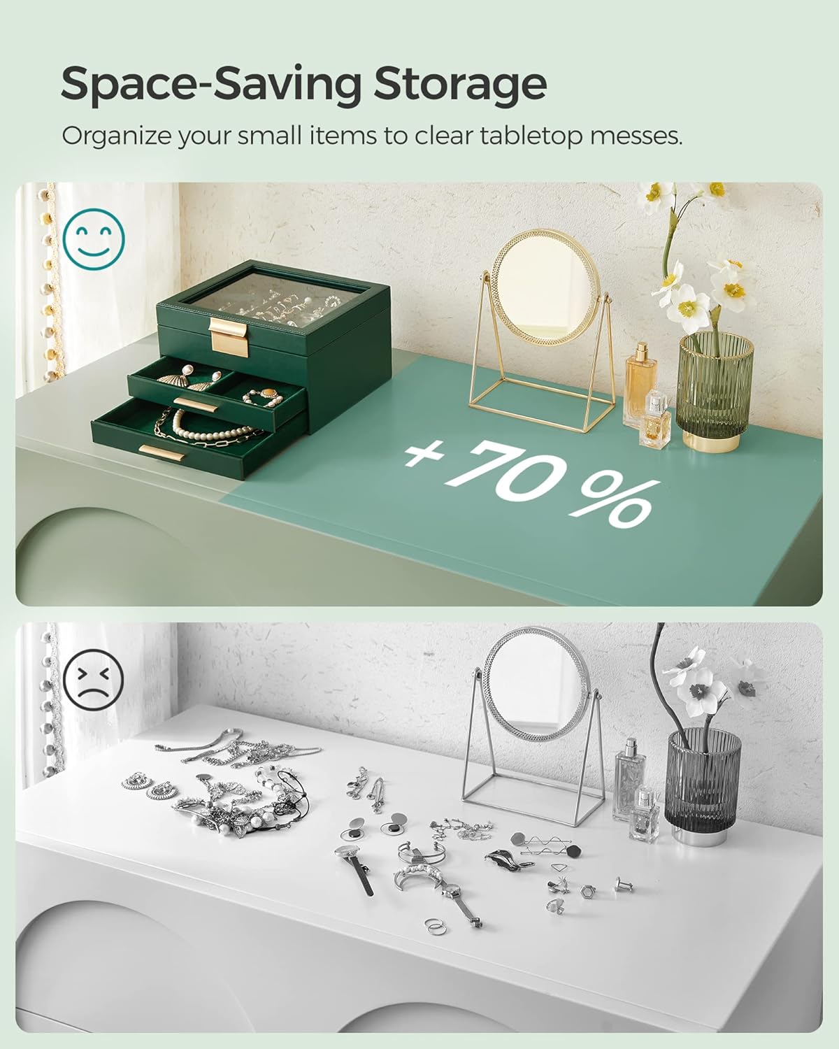 Jewelry Box Organizer with Glass Lid, 3-Layer Jewelry Storage, with 2 Drawers, Modern Style, Forest Green and Gold Color