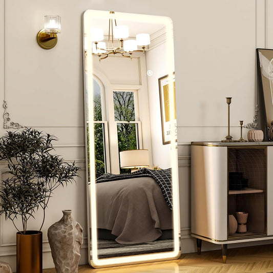Rectangular Full Length Mirror with LED Lights, Standing or Wall-Mounted Full Body Mirror with Stand