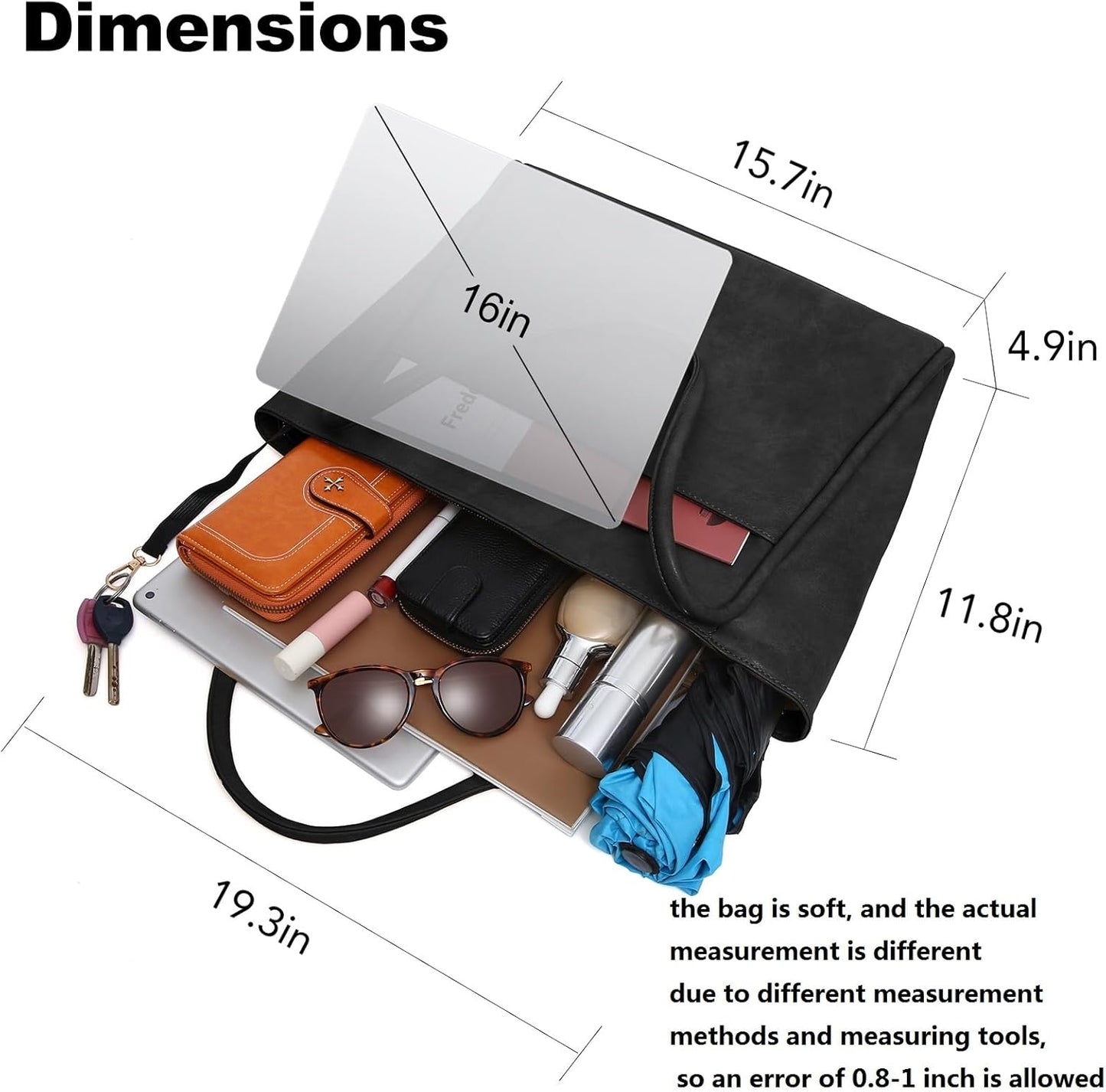 Large Tote Bag for Women Work with Zipper 16L Vegan Leather Ladies Travel Purses and Handbags