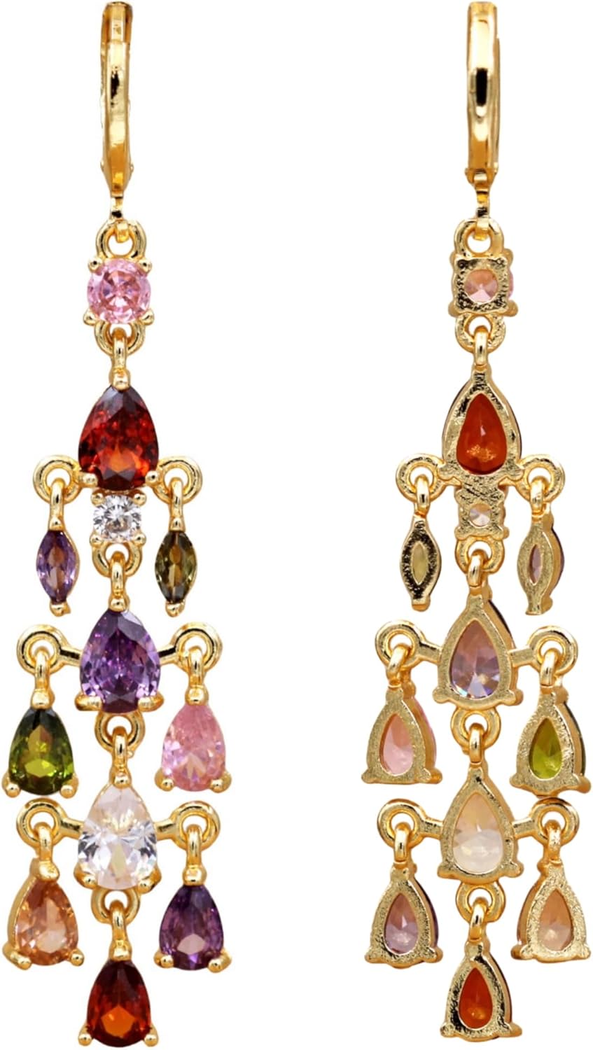 Vuskdtei18K Gold Plated Flower Dangle Earrings for Women, Hypoallergenic Cubic Zirconia Earrings, Elegant Chandelier Drop Earrings