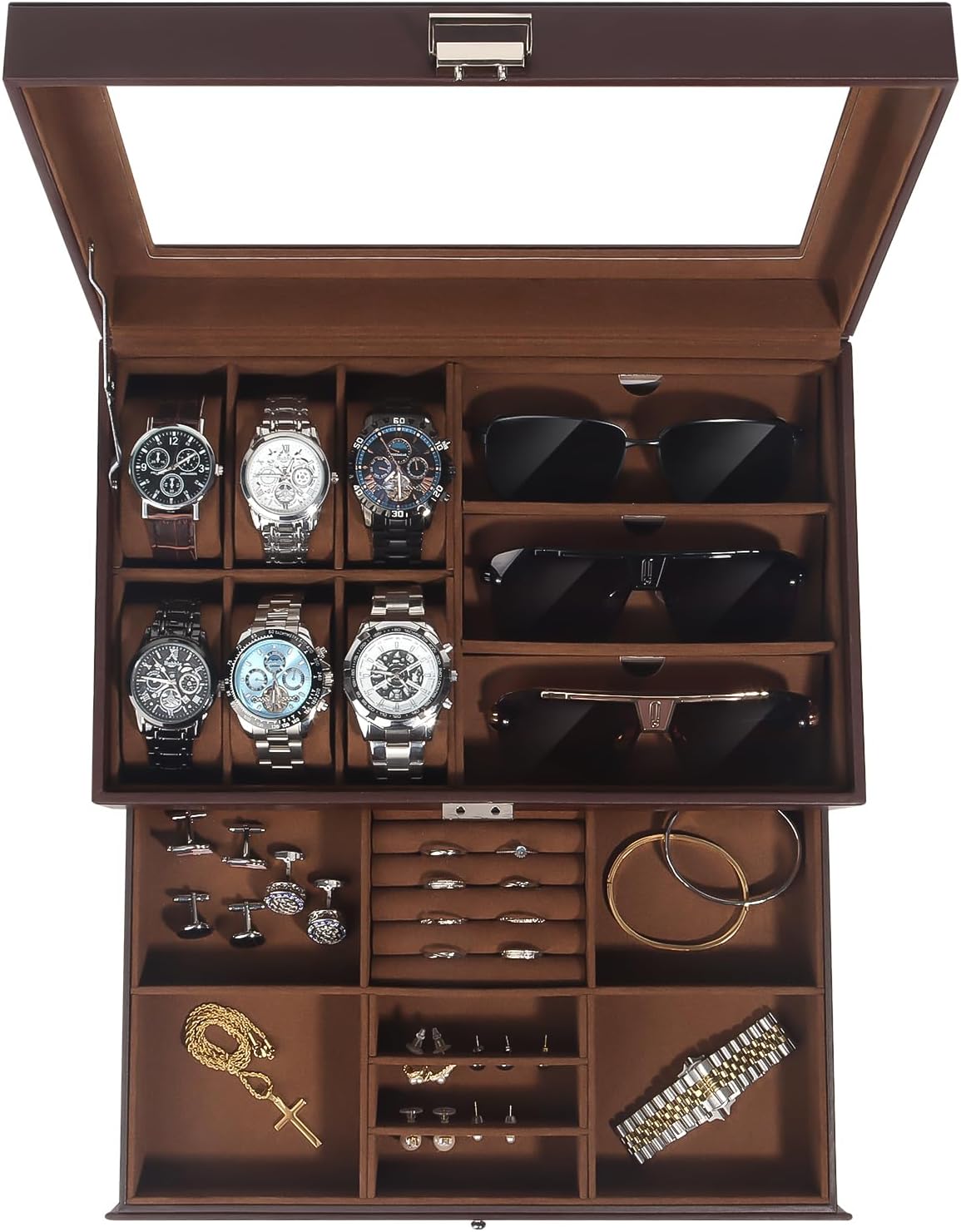 6-Slot 2-Layer Watch Case and Sunglasses Storage with Large Glass Lid, Men's Jewelry Box with Lock
