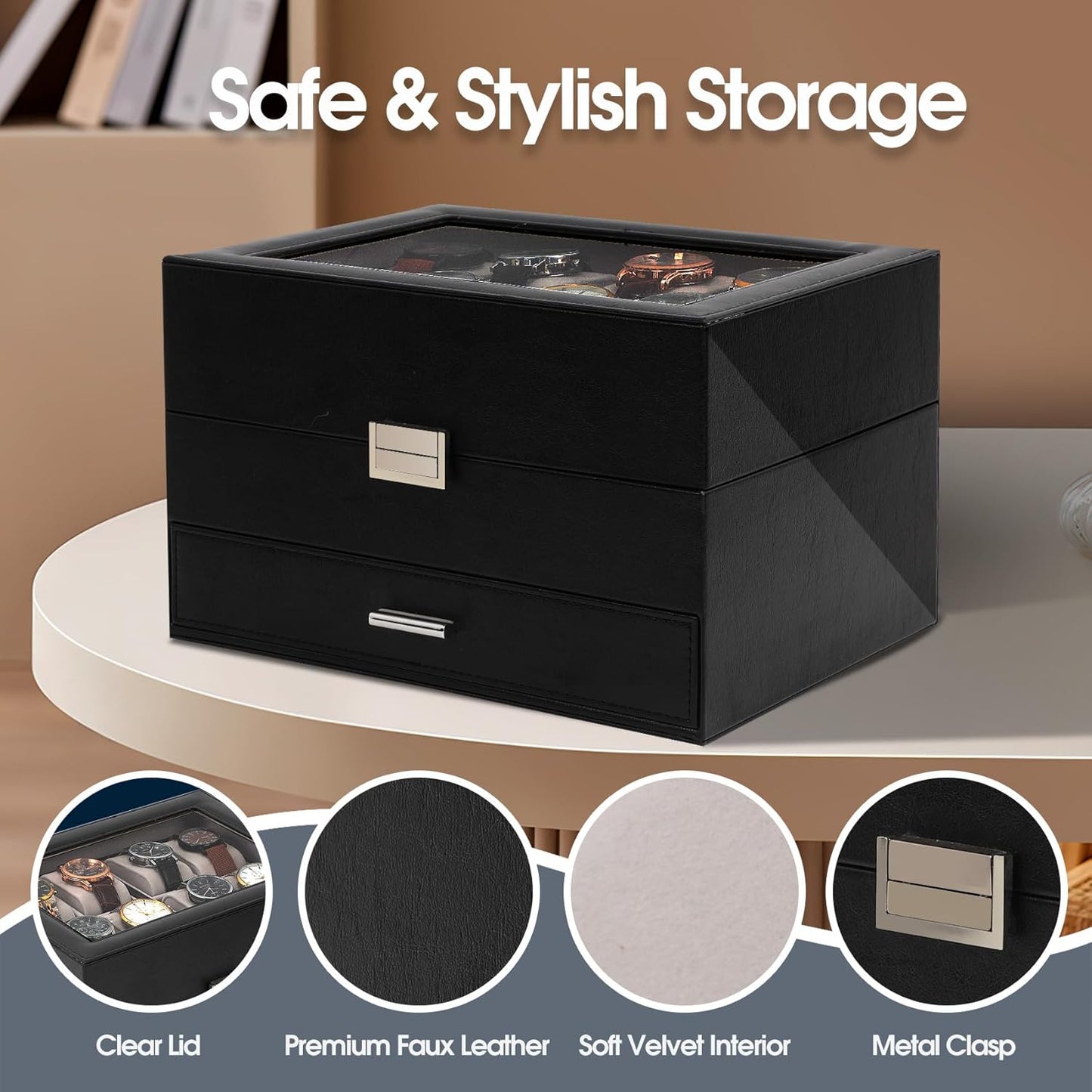 Watch Case for Men, 8 Slot Watch Display Case, 3 Layers Large Sunglass Storage Organize
