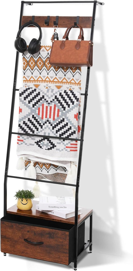 Metal Blanket Ladder with Storage Drawer, 5 Tier Rustic Blanket Rack with Hooks for Living Room, Bedroom, Farmhouse Decor – 5.2ft Wall Leaning Ladder Shelf for Blankets, Towels & Throws, Black