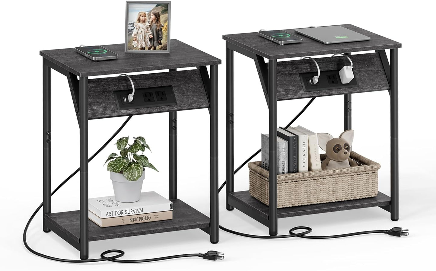 Small Side Tables, Nightstand with Outlets and USB Ports, Bedside Table with Storage Shelf