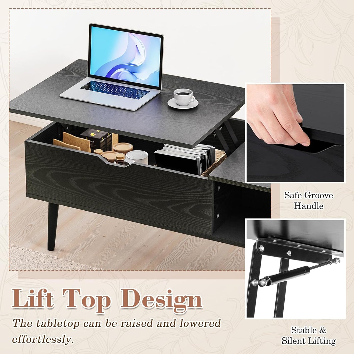 Coffee Table -Wood Lift Top with Hidden Compartment and Large Storage Shelf, Lift Tabletop Dining Center Table
