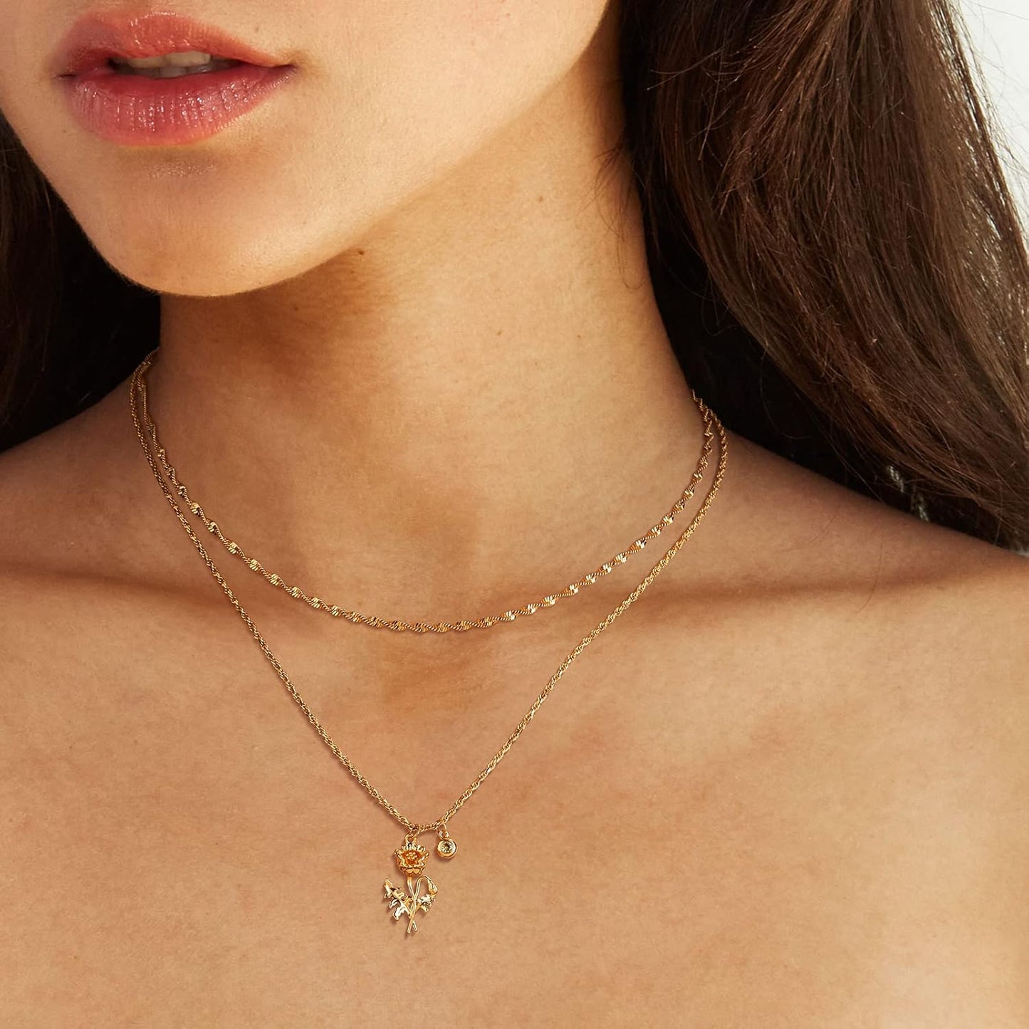 Birth Flower Necklaces for Women 18K Gold Plated Dainty Layered Birth Month Flower with Birthstone Pendant  Personalized Custom Floral Jewelry