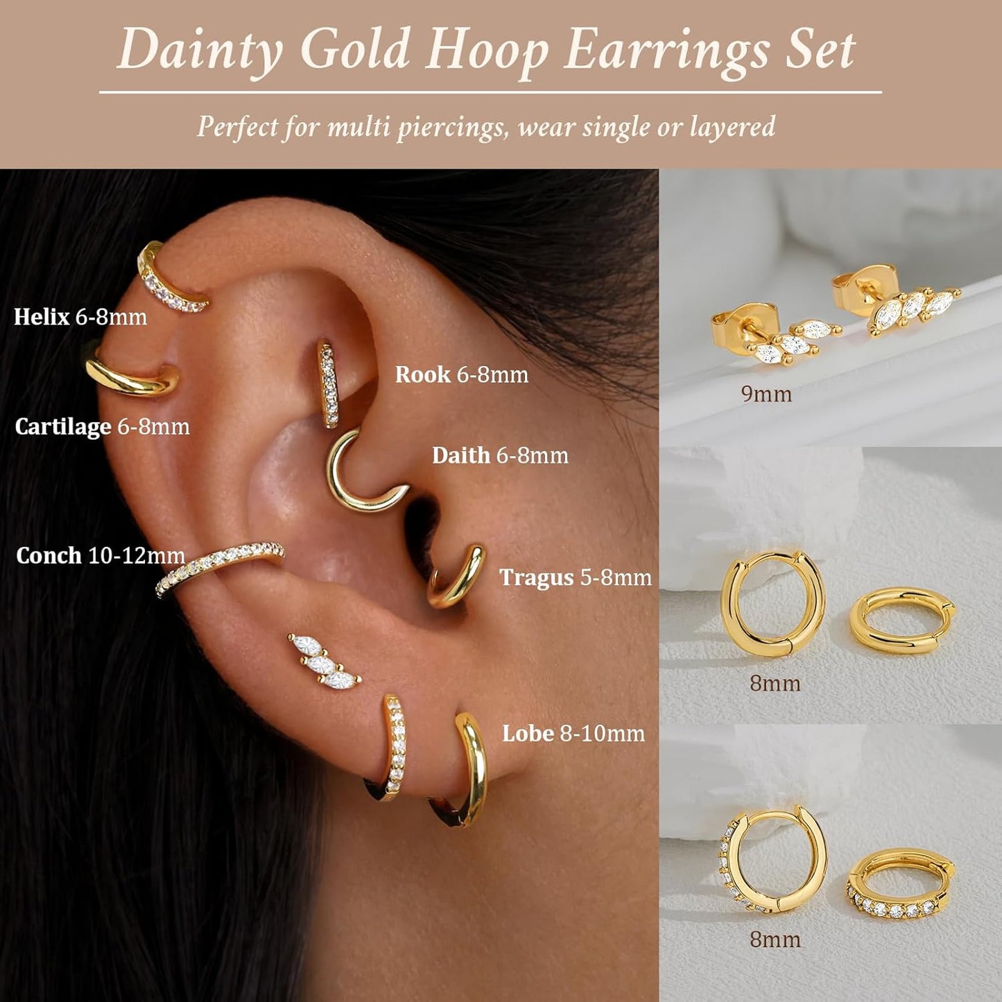 Small Sterling Silver Huggie Hoop Earrings Set for Women, 14K Gold Plated Hoops Stacks for Multiple Piercings