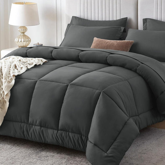 Queen Comforter Set, 7 count Bed in a Bag Queen,  Dark Grey