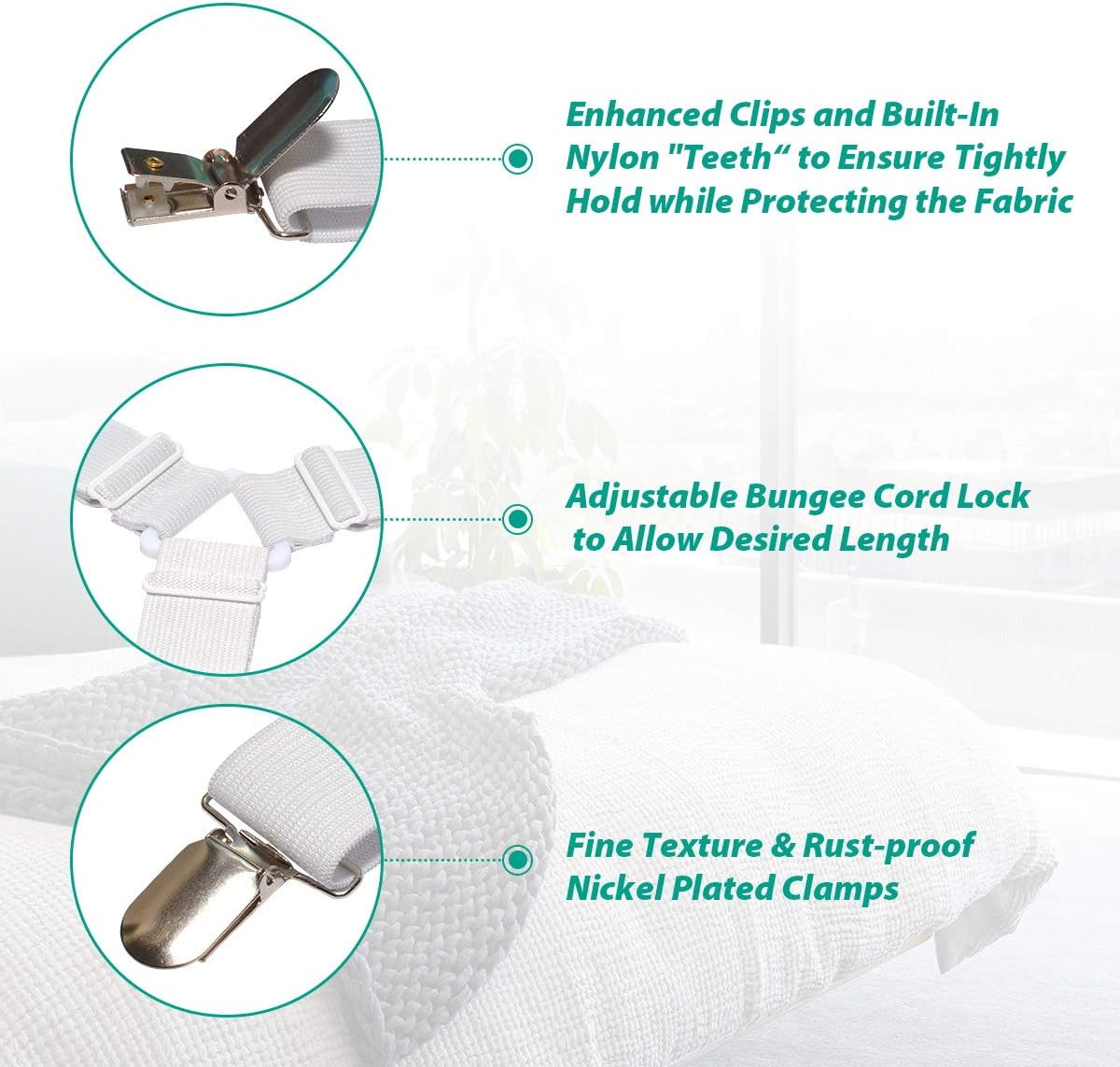 Bed Sheet Fasteners, Bed Corner Holder and Keepers and the Bed Sheet Grippers Clips (Set of 4)