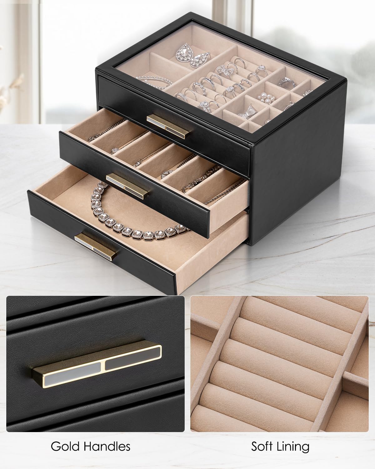 Jewelry Box for Women, Glass Lid Jewelry Organizer with 3 Drawers for Necklaces Rings Earrings Bracelets-Black