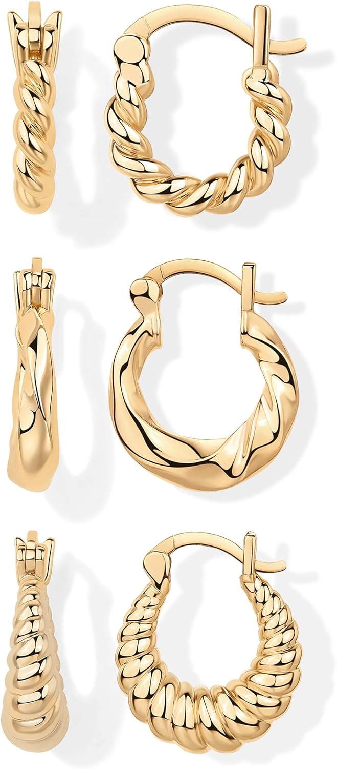 14K-18K Yellow Gold Plated Sterling Silver Posts Three Pairs Small Hoop Earrings for Women - Statement Gold Hoop Earrings Set