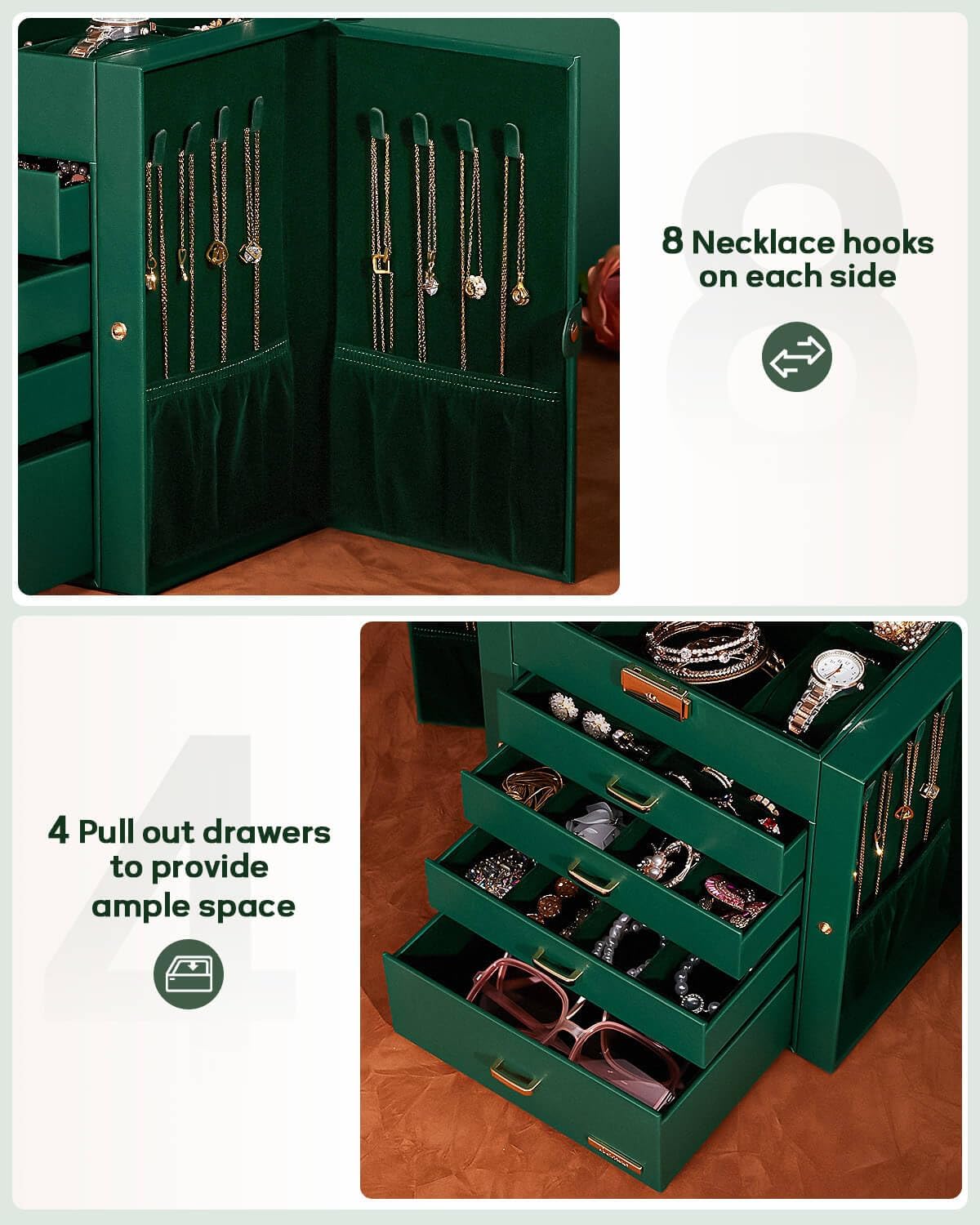 Synthetic Leather Huge Jewelry Box Mirrored Watch Organizer Necklace Ring Earring Storage Lockable