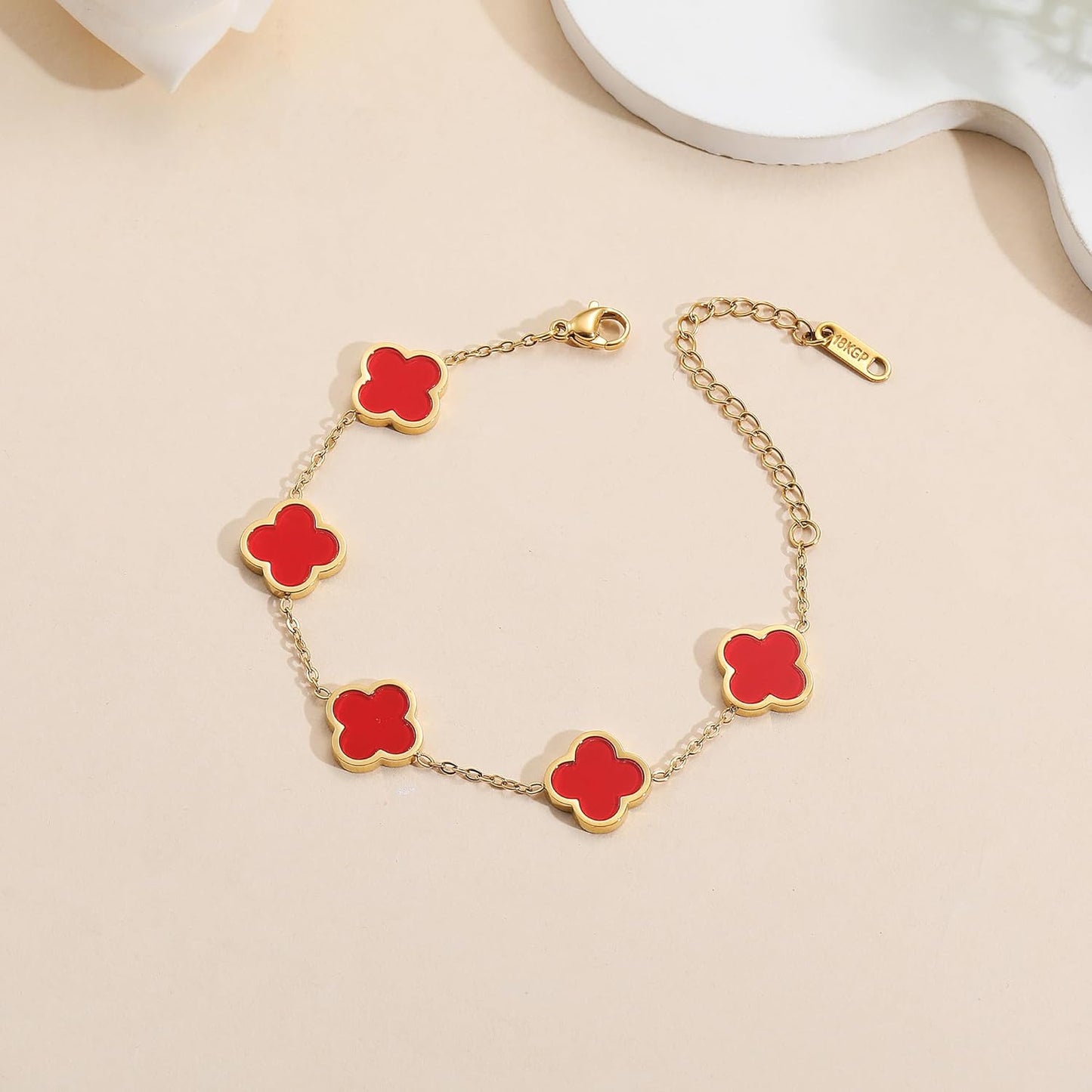 18K Gold Plated Clover Lucky Bracelet for Women White/Black/Red/Green Flower Four Leaf Link Bracelets
