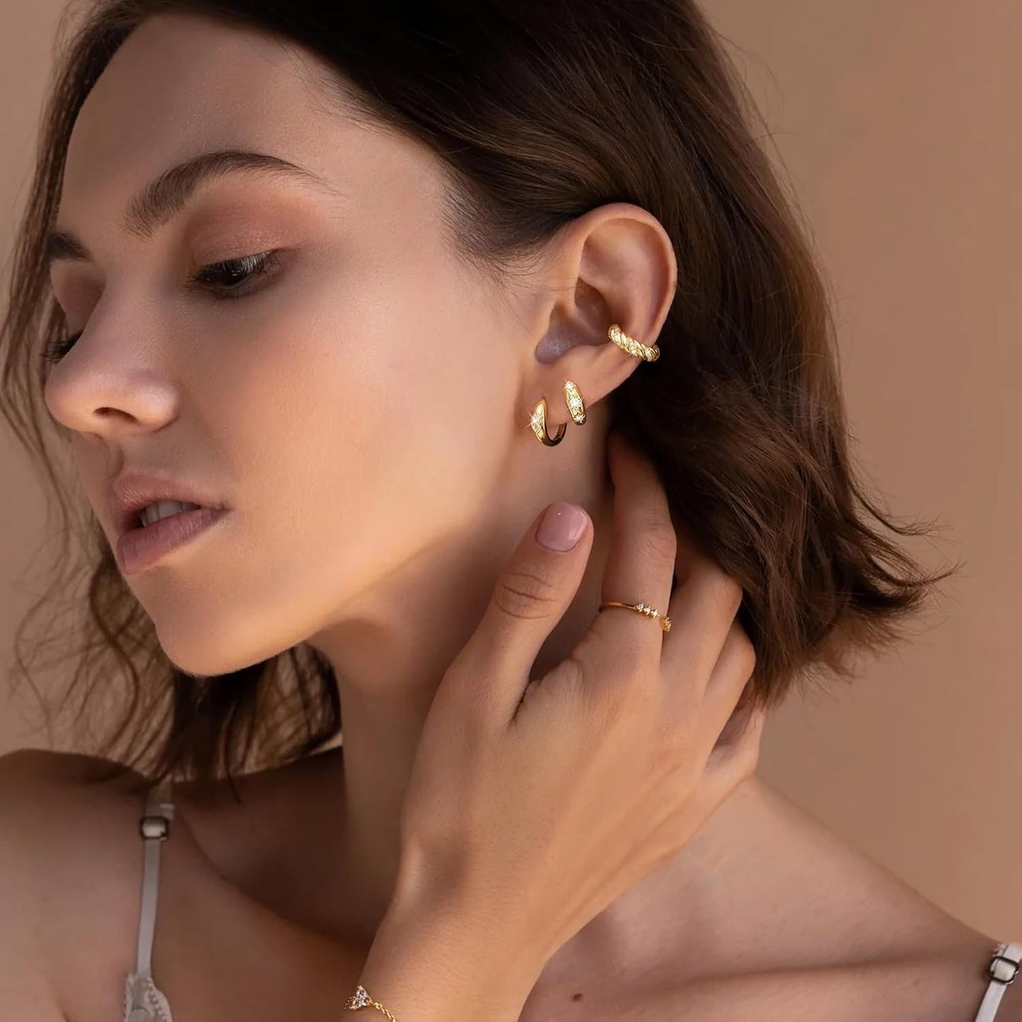 Small Sterling Silver Huggie Hoop Earrings Set for Women, 14K Gold Plated Hoops Stacks for Multiple Piercings