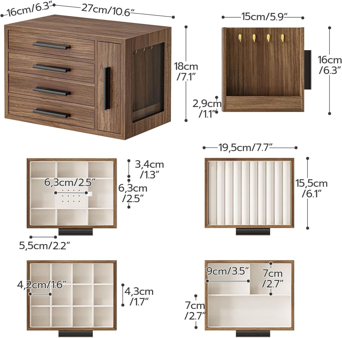 4-Layer Jewelry Organizer Box, Wooden Jewelry Organizer with Transparent Window