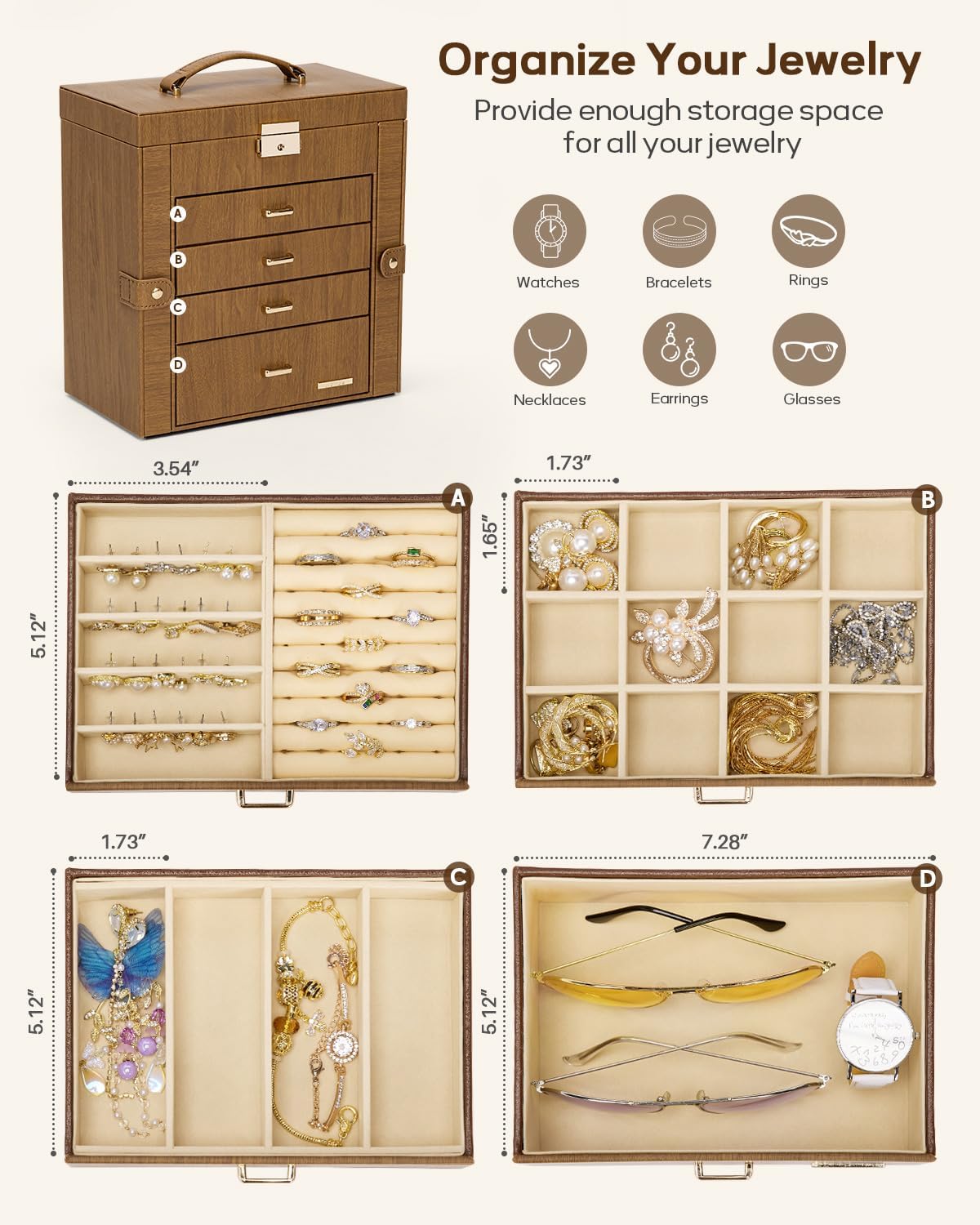 Synthetic Leather Huge Jewelry Box Mirrored Watch Organizer Necklace Ring Earring Storage Lockable