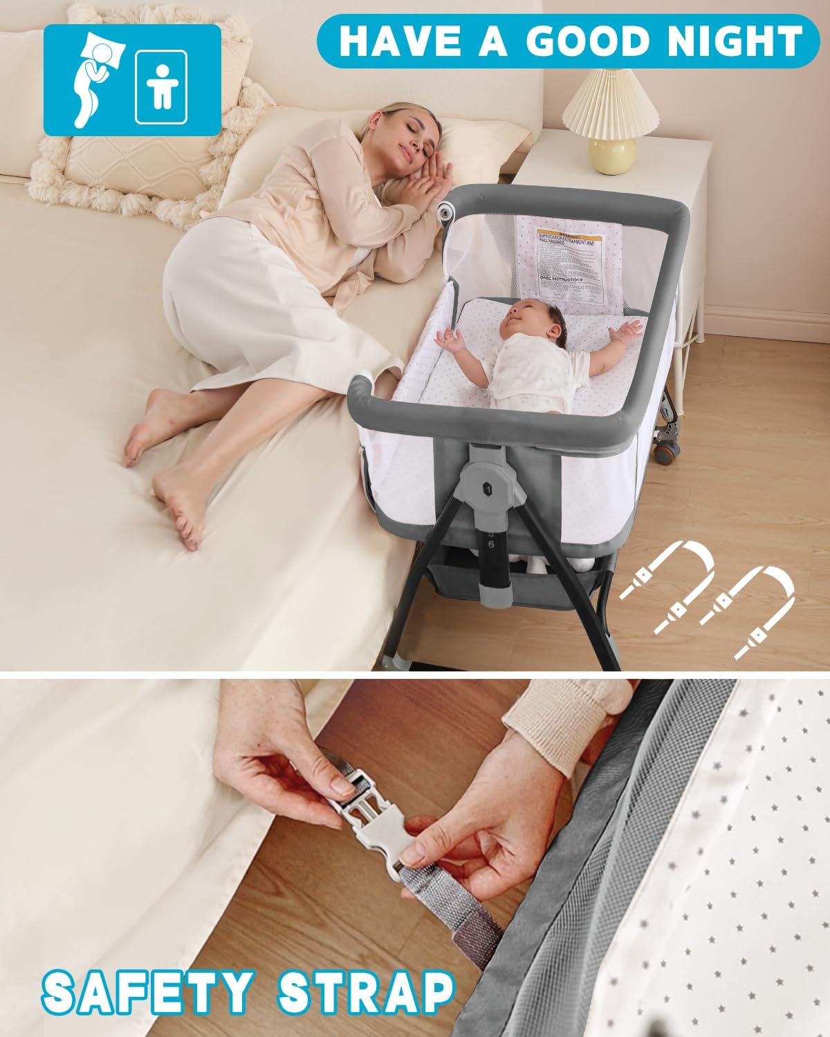 Bassinet Bedside Sleeper with Wheels, Breathable Mesh Bedside Bassinet for Baby, Mosquito Net, Storage Basket