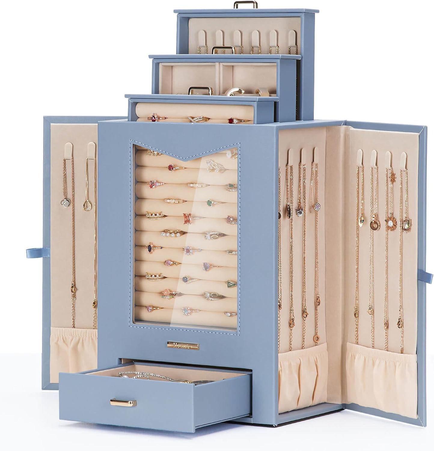 Jewelry Organizer with Transparent Window Necklace Hooks Jewelry Box for Necklaces Rings Earrings Bracelets