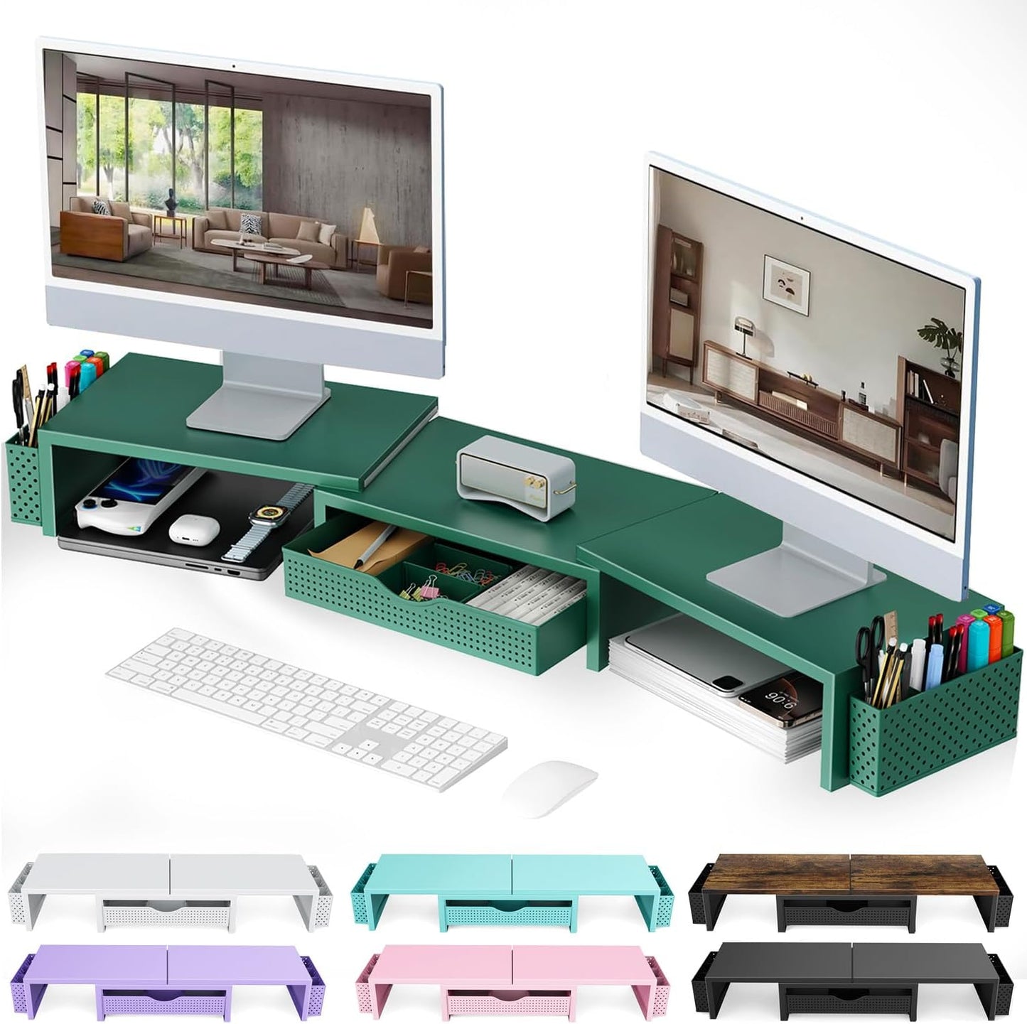 Dual Monitor Stand Riser, Desk Organizer With Drawer and 2 Pen Holders,Shelf for Top of Desk
