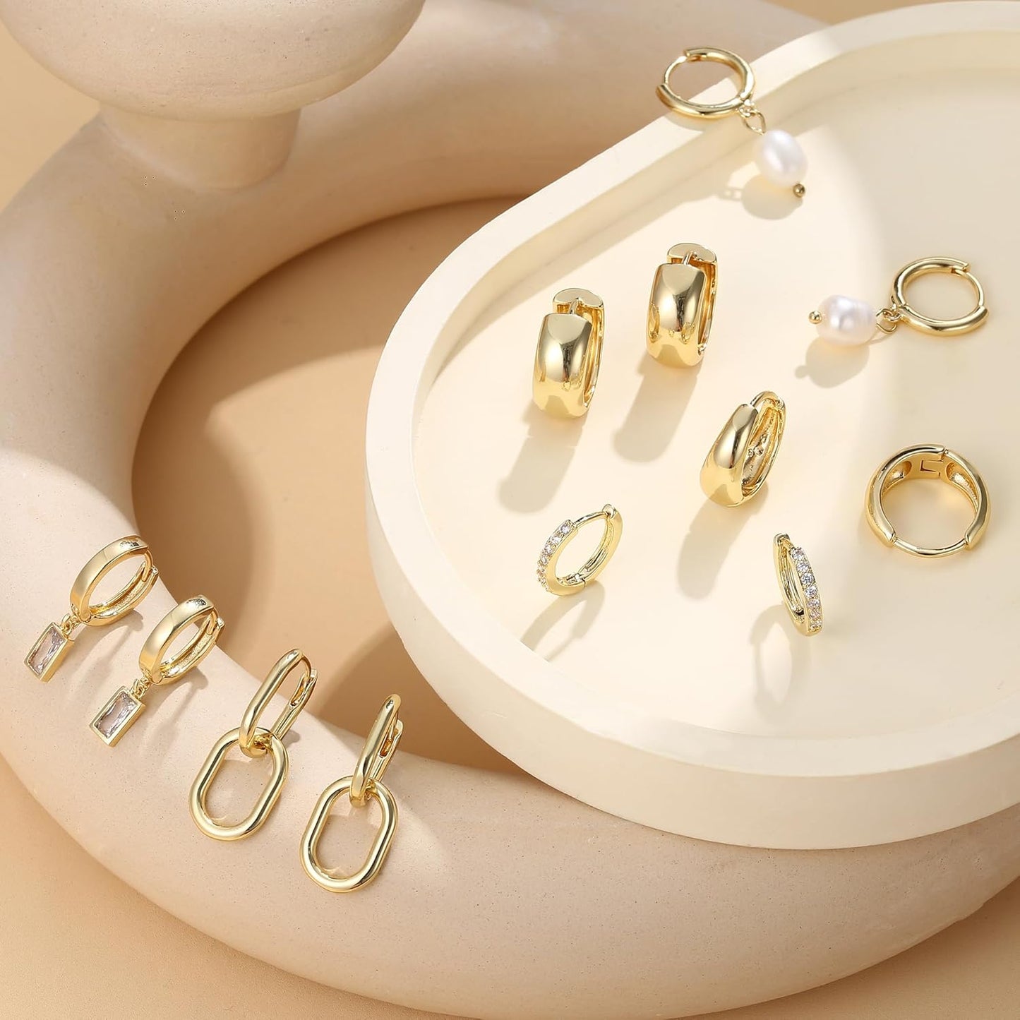 13 Pairs Small Gold Hoop Earrings Set for Women 14K Gold Plated Lightweight Huggie Hoops Pearl Dainty Stud Hoop