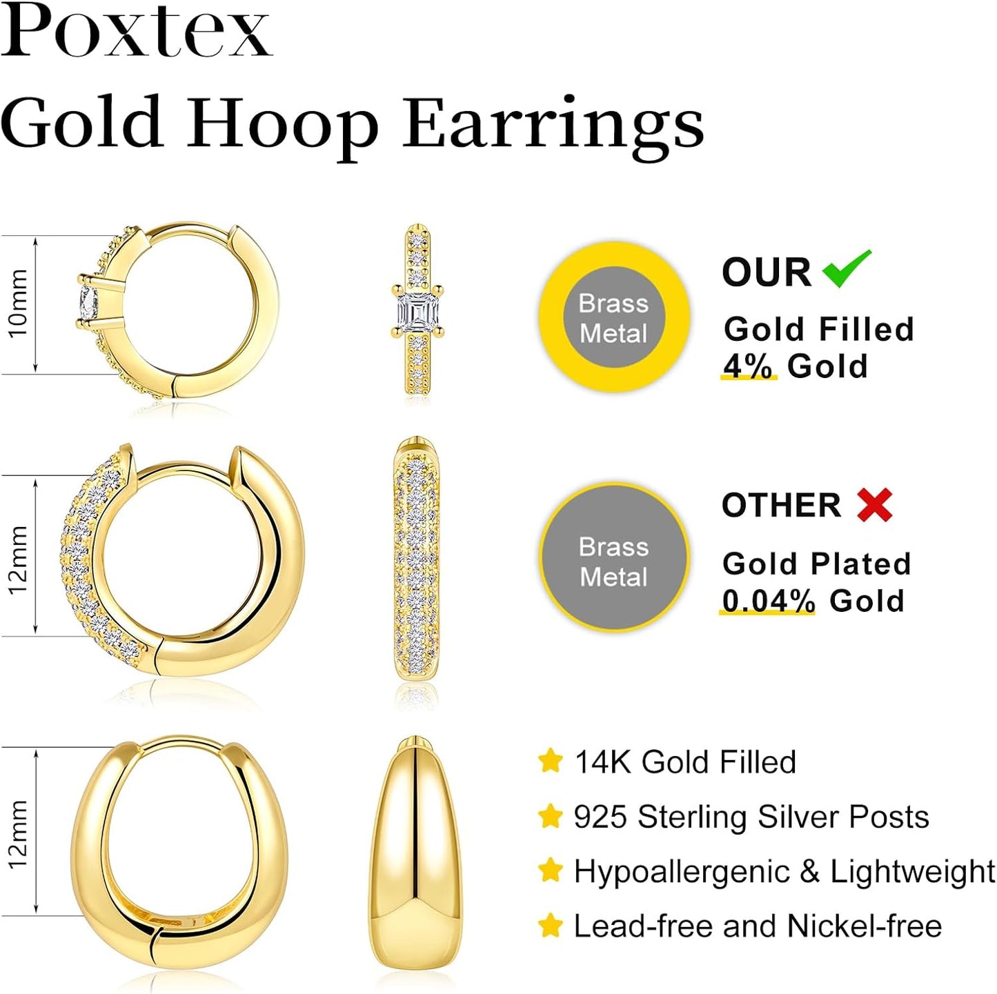Small Sterling Silver Huggie Hoop Earrings Set for Women, 14K Gold Plated Hoops Stacks for Multiple Piercings