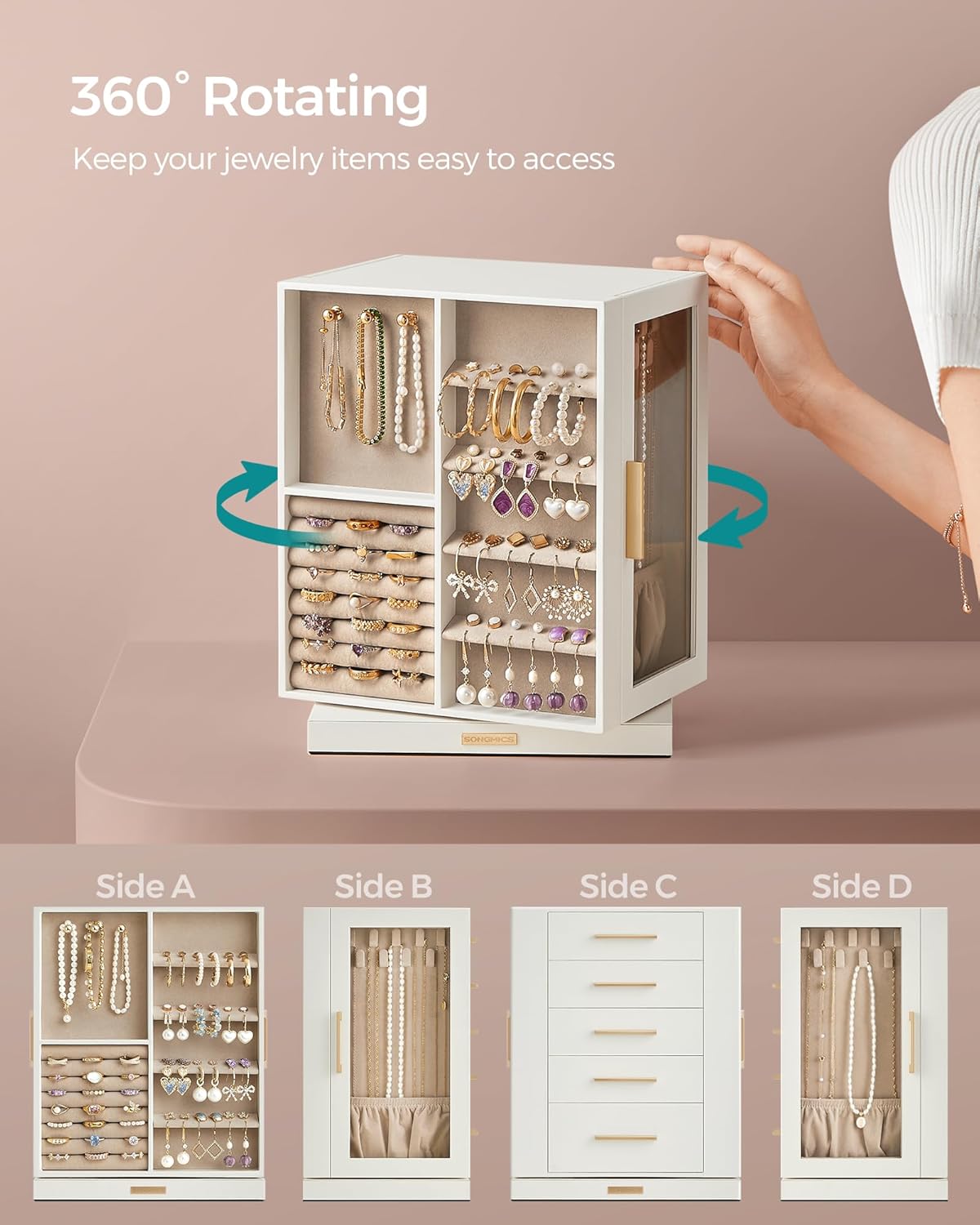 360° Rotating, Jewelry Storage Case with 5 Drawers, Jewelry Organizer, Glass Window